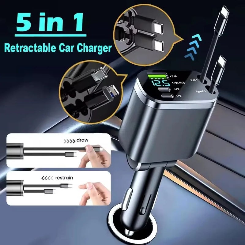 Y&D 5-IN-1 Retractable Car Charger: USB C Cable for iPhone, Samsung, Huawei - Fast Charge PD & QC3.0 Cigarette Lighter Adapter (12V-24V) Automobile Chargers - Image 3
